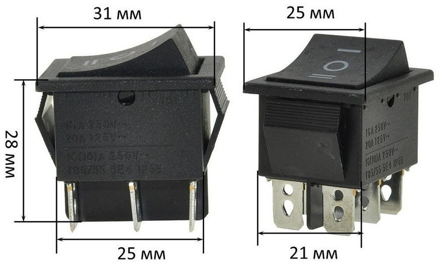 Тумблер 3 положения 6 контактов 25*31 mm 16A 31164-256 фото