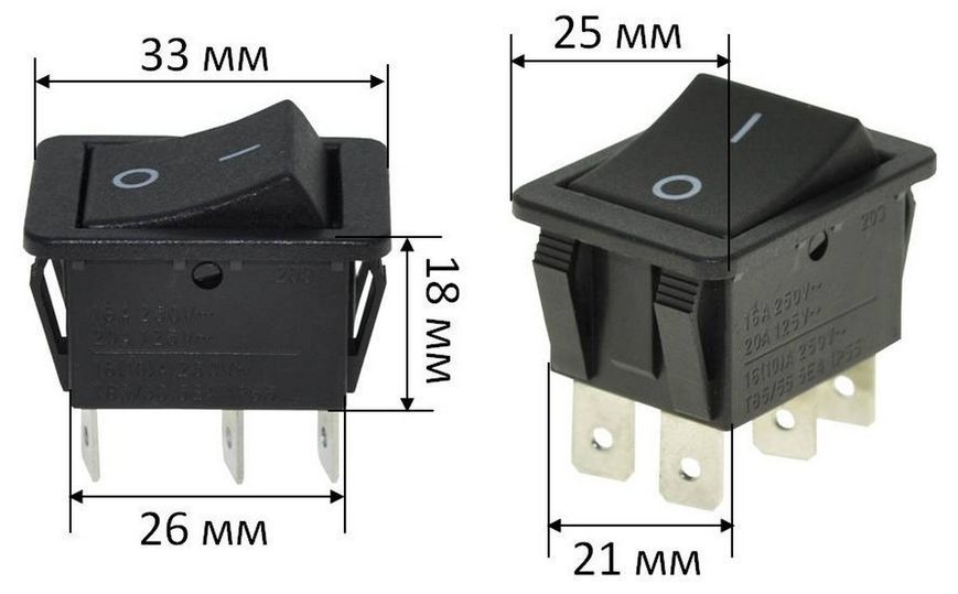 Тумблер 2 положення 6 контактів 25*33 мм 16A 00772-476 фото