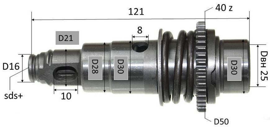 Ствол перфоратора Bosch GBH 2-22 RE в зборі (L-121, d 25 * 30 шестерня 40 зубів d50) 70843-011 фото