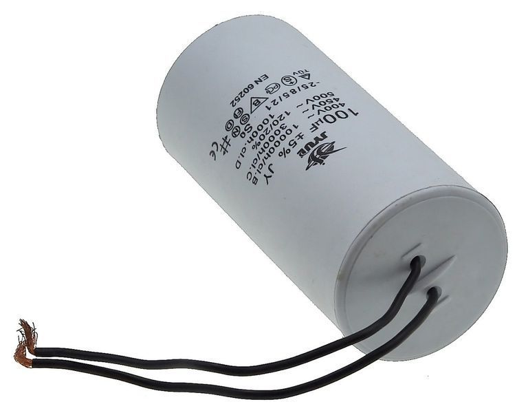 Конденсатор JYUL CBB-60L 100мкф &mdash; 450 VAC болт + дроти (60*123 mm) 64594-171 фото