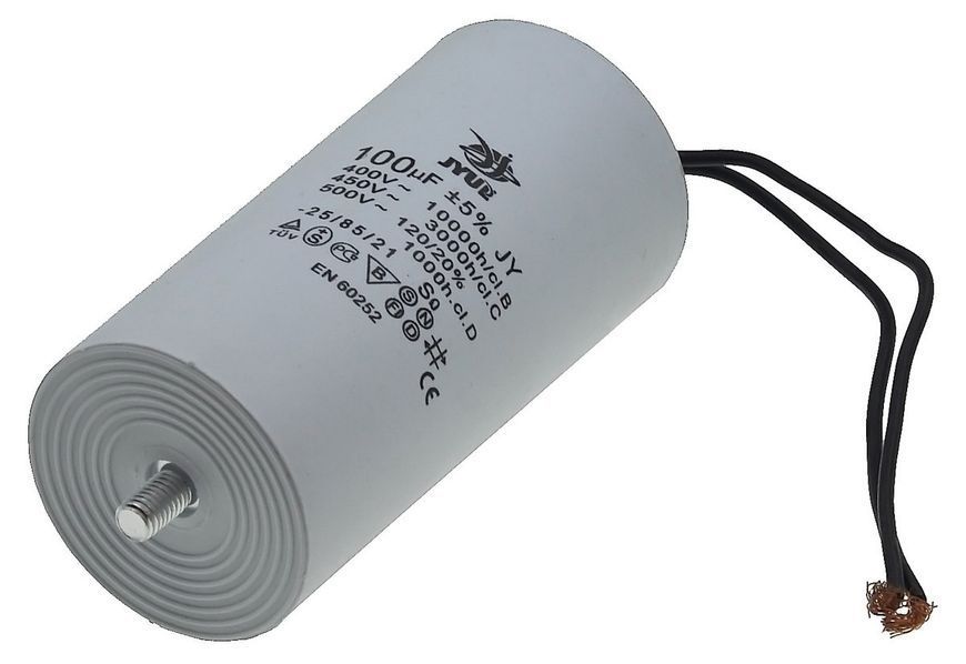 Конденсатор JYUL CBB-60L 100мкф &mdash; 450 VAC болт + дроти (60*123 mm) 64594-171 фото