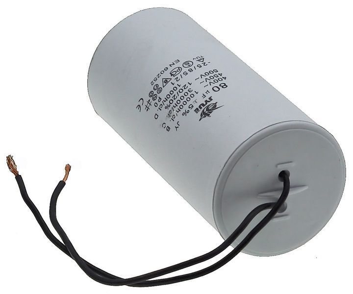 Конденсатор JYUL CBB-60L 80 мкф &mdash; 450 VAC болт + дроти (60*123 mm) 64593-170 фото