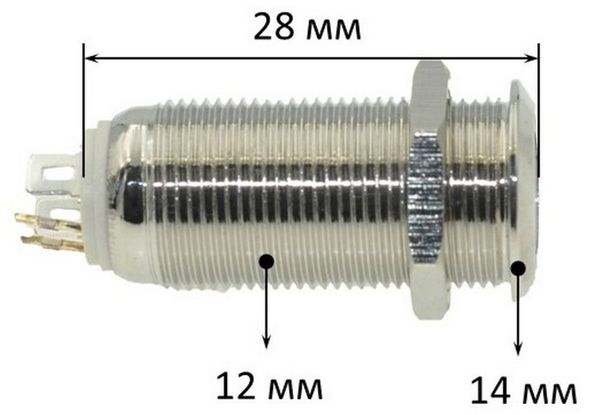 Кнопка антивандальная d14mm резьба 12mm h28mm 2 положения 4 контакта индикация 77146-516 фото