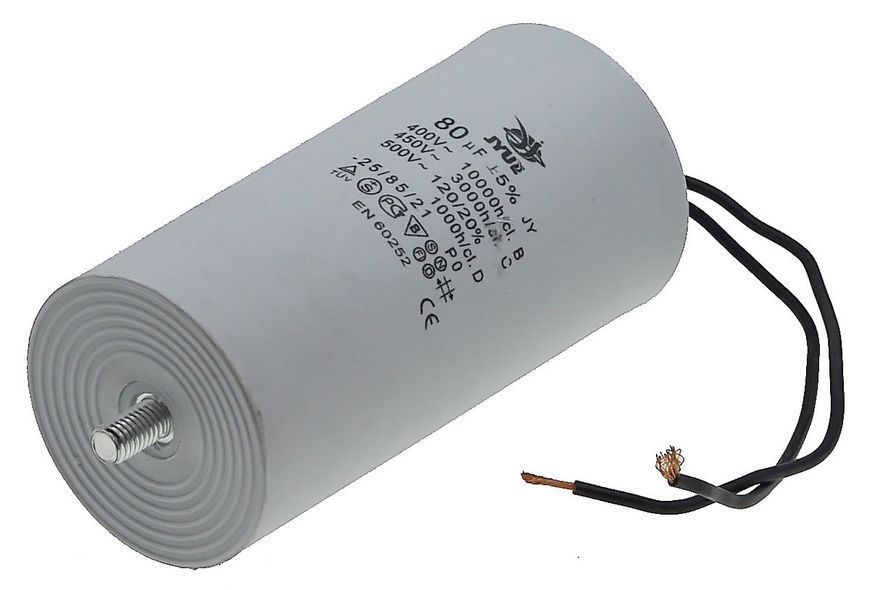 Конденсатор JYUL CBB-60L 80 мкф &mdash; 450 VAC болт + дроти (60*123 mm) 64593-170 фото