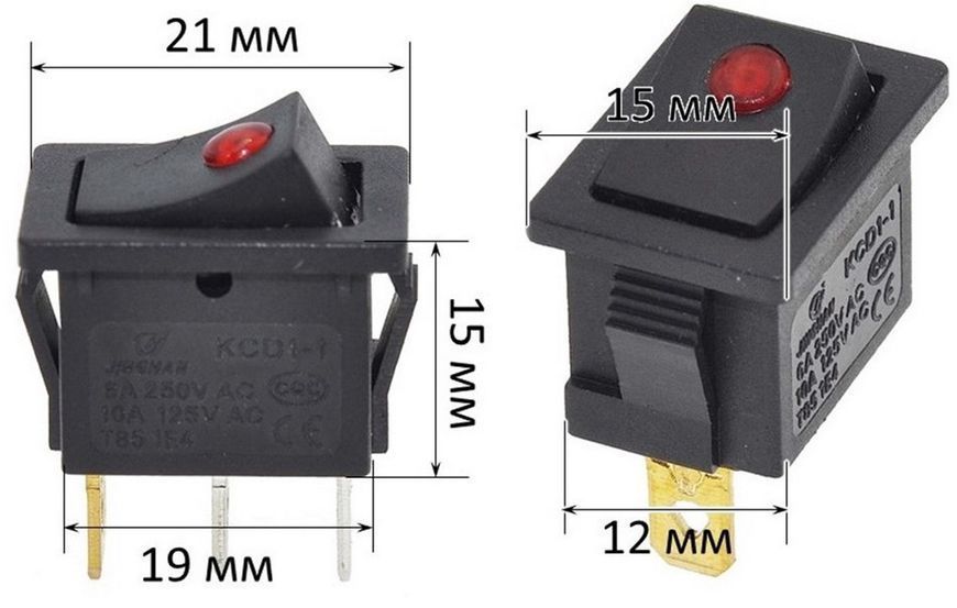 Тумблер 2 положения 3 контакта 15*21 mm светодиод 6A 00895-600 фото