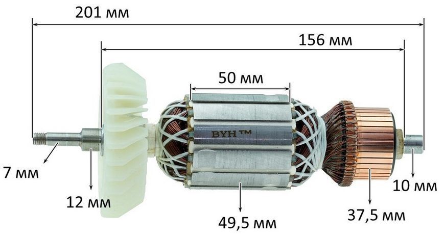 Якір болгарки Makita 9050 (201 * 49,5 посадка 7мм) PRO аналог 518747-7 80913-1472 фото