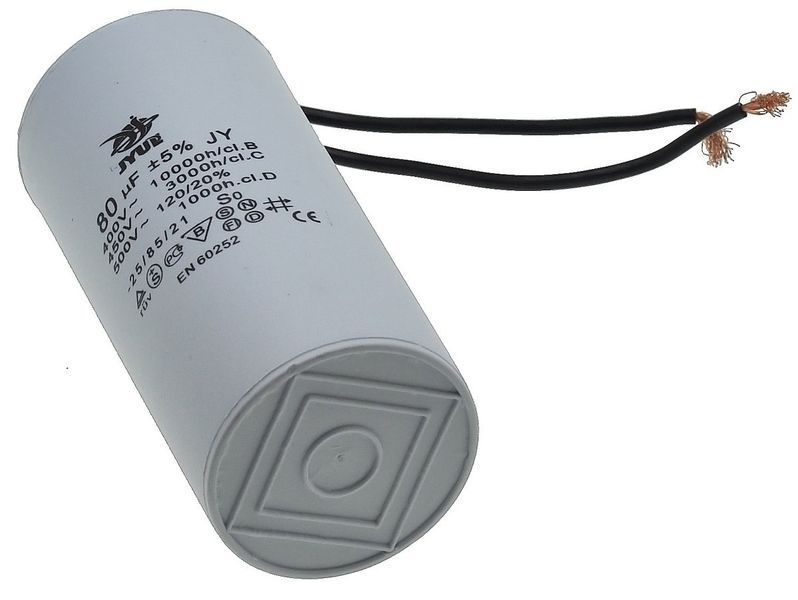 Конденсатор JYUL CBB-60 80мкф - 450 VAC провода (55*120 mm) 64528-105 фото