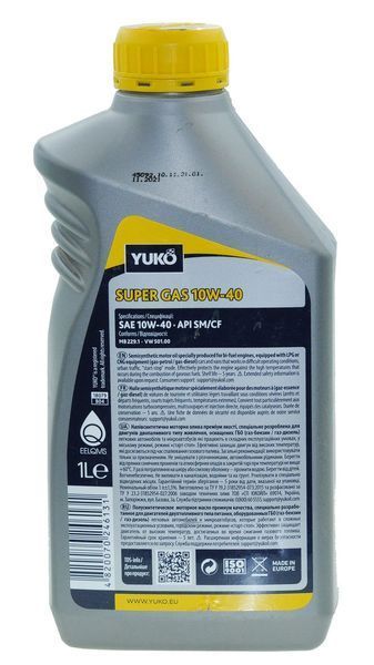 Масло YUKO SUPER GAS 10W-40 SAE API SM/CF 1л для машин с ГБО 44621-266 фото